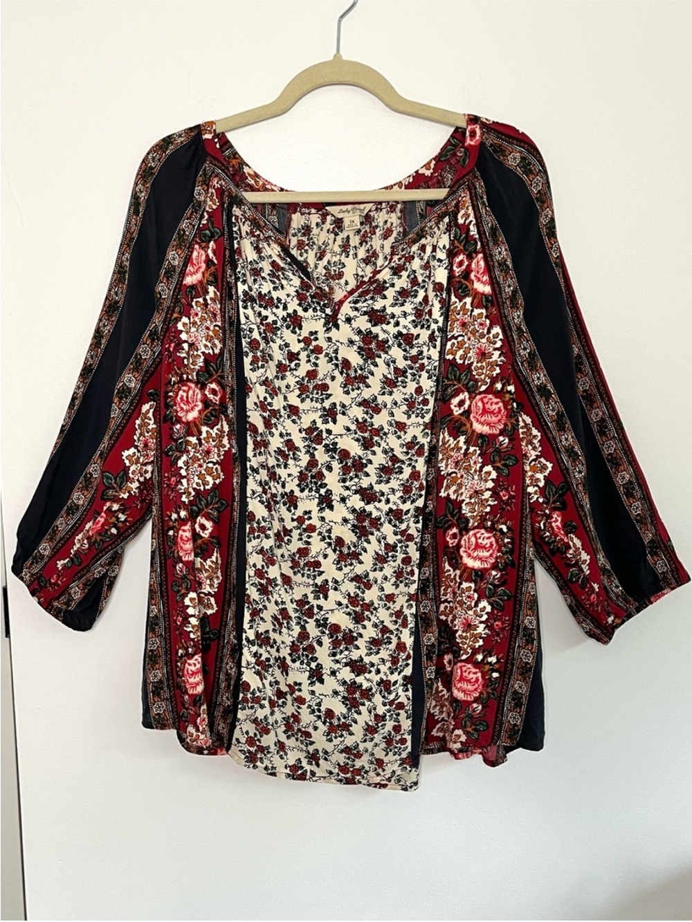 Lucky Brand 1X Floral Boho V-Neck Flowy Whimsigoth Tunic Blouse Artsy Peasant